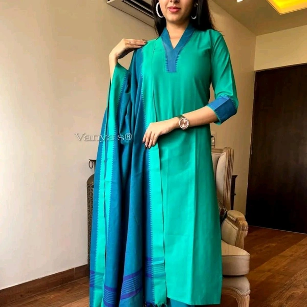 NEV 5593 *South cotton handloom kurti with temple border on yoke and sleeves Paried with handloom cotton pants and dupatta**🌹🌹Pure fine South cotton fabric handloom cotton dupatta - 3XL-46