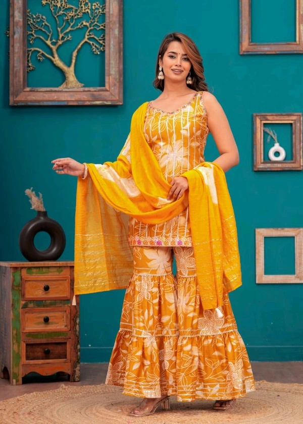 EVN 5599  New style kurti with sharara and dupatta sets _heavy muslin beautiful hand work lass - Yellow, S-36