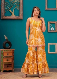 EVN 5599  New style kurti with sharara and dupatta sets _heavy muslin beautiful hand work lass - Yellow, S-36