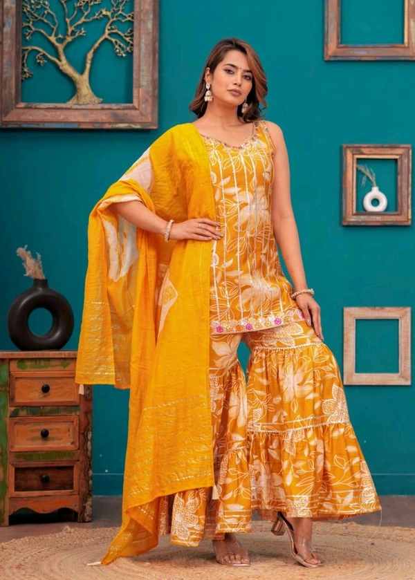 EVN 5599  New style kurti with sharara and dupatta sets _heavy muslin beautiful hand work lass - Yellow, S-36