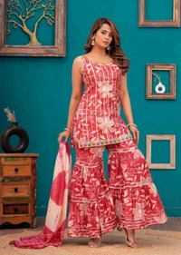 EVN 5599  New style kurti with sharara and dupatta sets _heavy muslin beautiful hand work lass - Red Watermelon, M-38