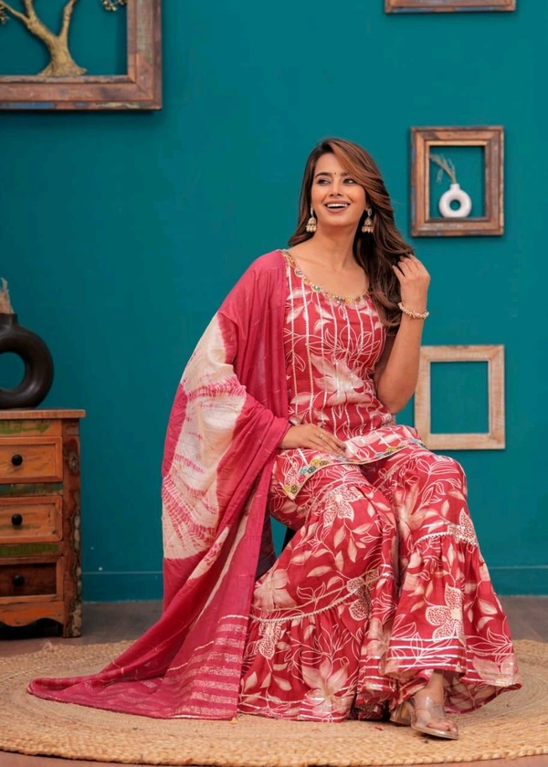EVN 5599  New style kurti with sharara and dupatta sets _heavy muslin beautiful hand work lass - Red Watermelon, L-40