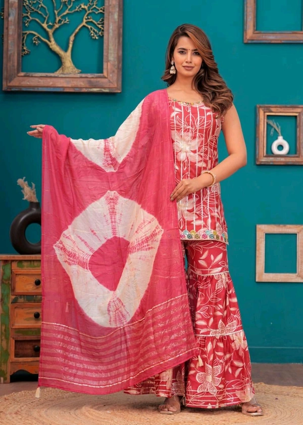 EVN 5599  New style kurti with sharara and dupatta sets _heavy muslin beautiful hand work lass - Red Watermelon, L-40