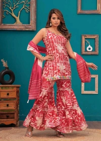 EVN 5599  New style kurti with sharara and dupatta sets _heavy muslin beautiful hand work lass - Red Watermelon, L-40