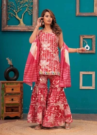 EVN 5599  New style kurti with sharara and dupatta sets _heavy muslin beautiful hand work lass - Red Watermelon, L-40