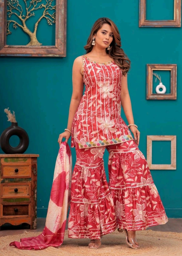 EVN 5599  New style kurti with sharara and dupatta sets _heavy muslin beautiful hand work lass - Red Watermelon, L-40