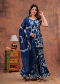 EVN 5599  New style kurti with sharara and dupatta sets _heavy muslin beautiful hand work lass - Navy Blue, S-36