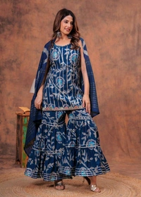 EVN 5599  New style kurti with sharara and dupatta sets _heavy muslin beautiful hand work lass - Navy Blue, XL-42