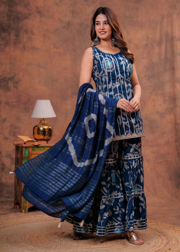 EVN 5599  New style kurti with sharara and dupatta sets _heavy muslin beautiful hand work lass - Navy Blue, 2XL-44