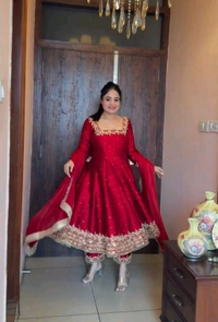 DSS 5602 New Pur Vichitra Silk Anarkali Gown,Dupatta & Pent  Heavy Pur Vichitra Silk With Embroidery 5 mm Sequence Work With Fancy Latkan Border - XL-42