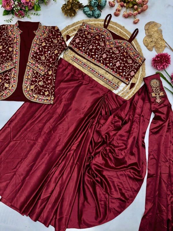 DSS 5603 * Ready To Wear Saree With Jacket Saree Heavy Diamond Satin Multi Thread Embroidery Patch Work Butta - Maroon, 2XL