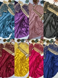 DSS 5603 * Ready To Wear Saree With Jacket Saree Heavy Diamond Satin Multi Thread Embroidery Patch Work Butta - Maroon, 2XL