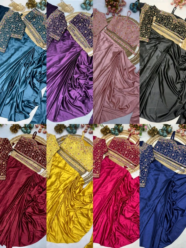 DSS 5603 * Ready To Wear Saree With Jacket Saree Heavy Diamond Satin Multi Thread Embroidery Patch Work Butta - Maroon, 2XL