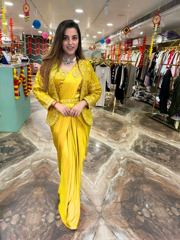 DSS 5603 * Ready To Wear Saree With Jacket Saree Heavy Diamond Satin Multi Thread Embroidery Patch Work Butta - Yellow, 2XL