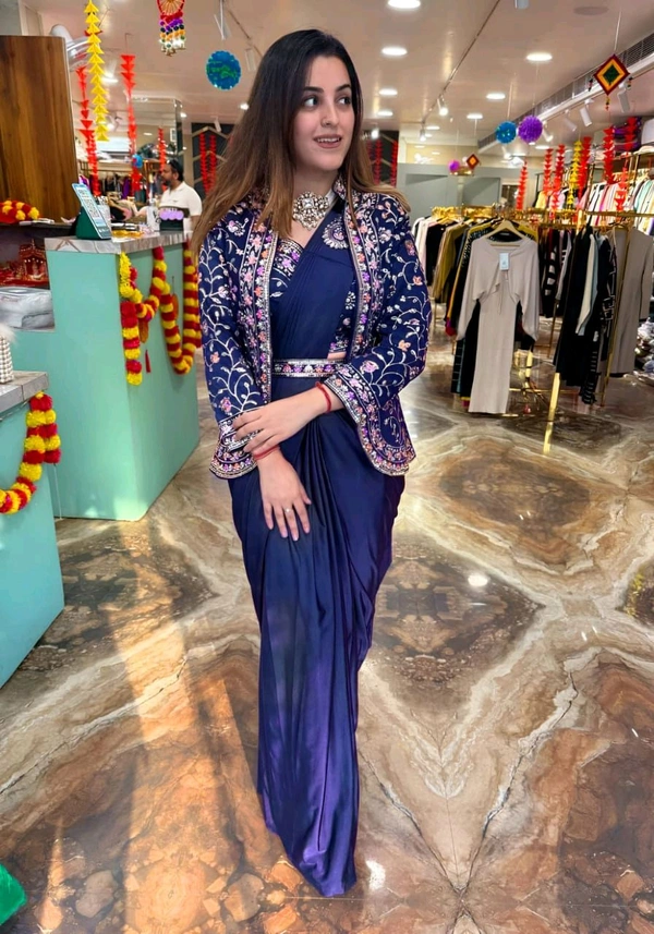DSS 5603 * Ready To Wear Saree With Jacket Saree Heavy Diamond Satin Multi Thread Embroidery Patch Work Butta - Navy Blue, 2XL
