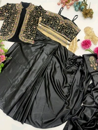 DSS 5603 * Ready To Wear Saree With Jacket Saree Heavy Diamond Satin Multi Thread Embroidery Patch Work Butta - Black, 2XL