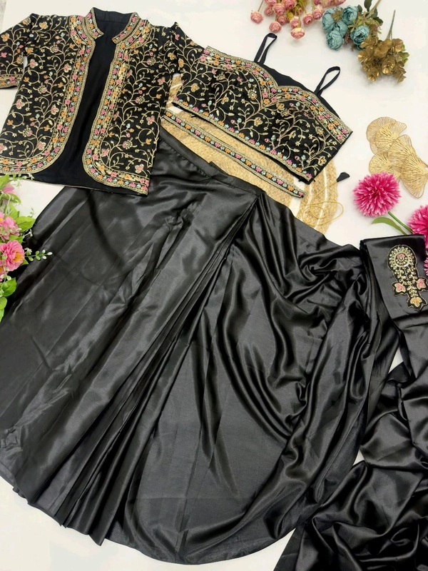DSS 5603 * Ready To Wear Saree With Jacket Saree Heavy Diamond Satin Multi Thread Embroidery Patch Work Butta - Black, 2XL
