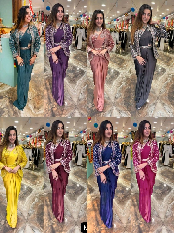 DSS 5603 * Ready To Wear Saree With Jacket Saree Heavy Diamond Satin Multi Thread Embroidery Patch Work Butta - Black, 2XL
