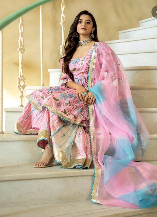 SF3  5606 Heavy. Printed Reyon diziner  pemplum kurti & sharara with one side with beautiful havy shaded organza dupatta beautiful gota work - S-36