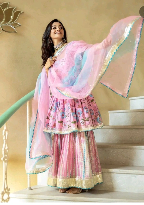 SF3  5606 Heavy. Printed Reyon diziner  pemplum kurti & sharara with one side with beautiful havy shaded organza dupatta beautiful gota work - M-38
