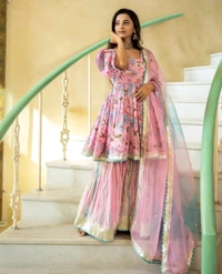 SF3  5606 Heavy. Printed Reyon diziner  pemplum kurti & sharara with one side with beautiful havy shaded organza dupatta beautiful gota work - 3XL-46