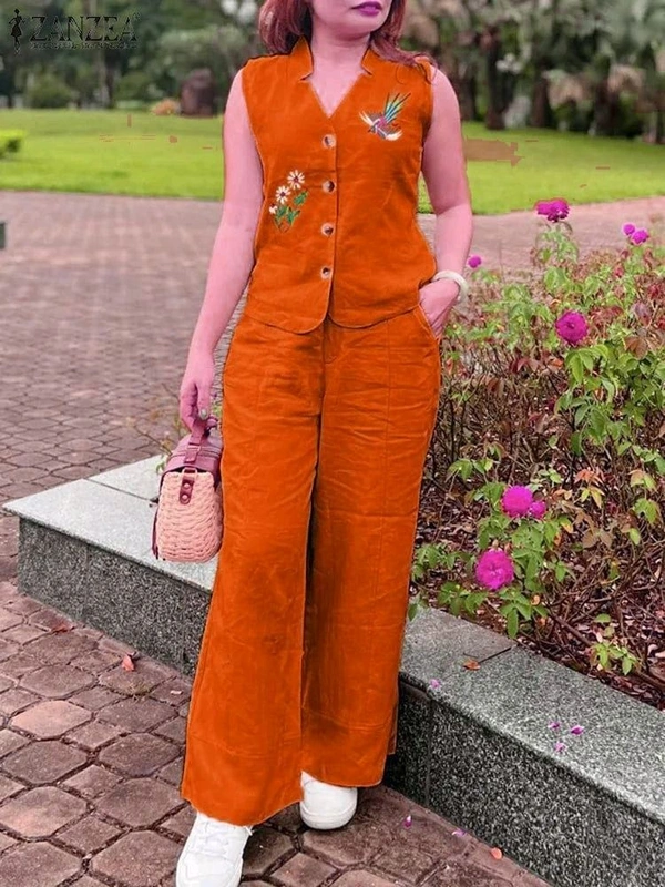 SF2  5611 *New launch💃coord - sets cotton slub plazo with  pocket  - Orange, 2XL-44