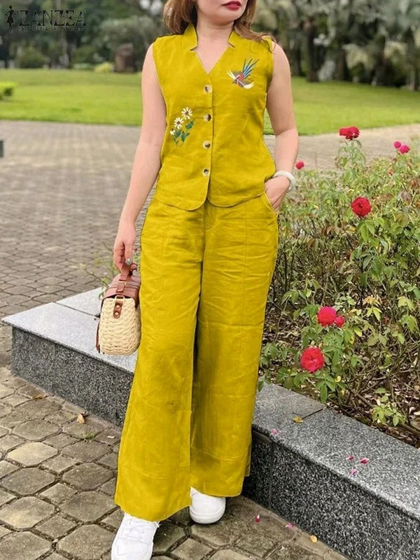 SF2  5611 *New launch💃coord - sets cotton slub plazo with  pocket  - Yellow, 2XL-44