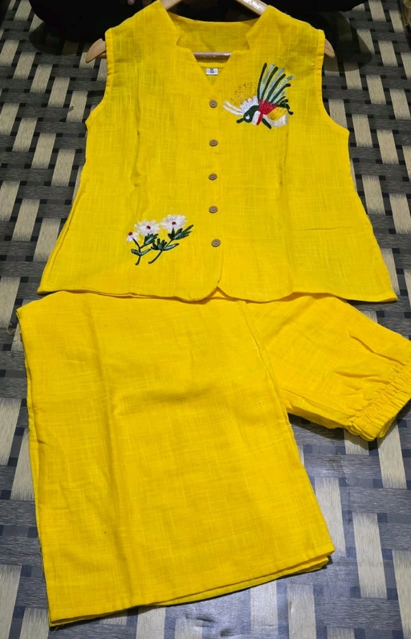 SF2  5611 *New launch💃coord - sets cotton slub plazo with  pocket  - Yellow, 2XL-44