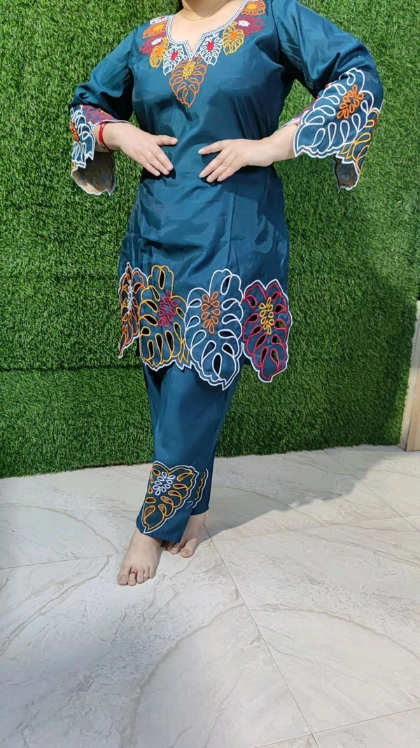 KD18  5612 ROMAN SILK PANTSUIT ROMAN SILK KURTI LENGTH LENGTH PANT  - Blue, XL-42