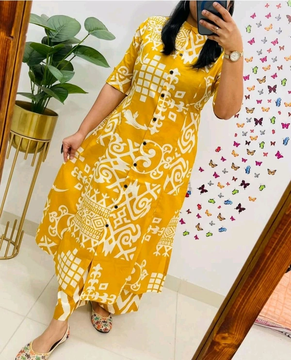SF5 5620 *Newest Jaipur print _aline cord -set 
Design Kurti with side pocket*

 - Yellow, M-38