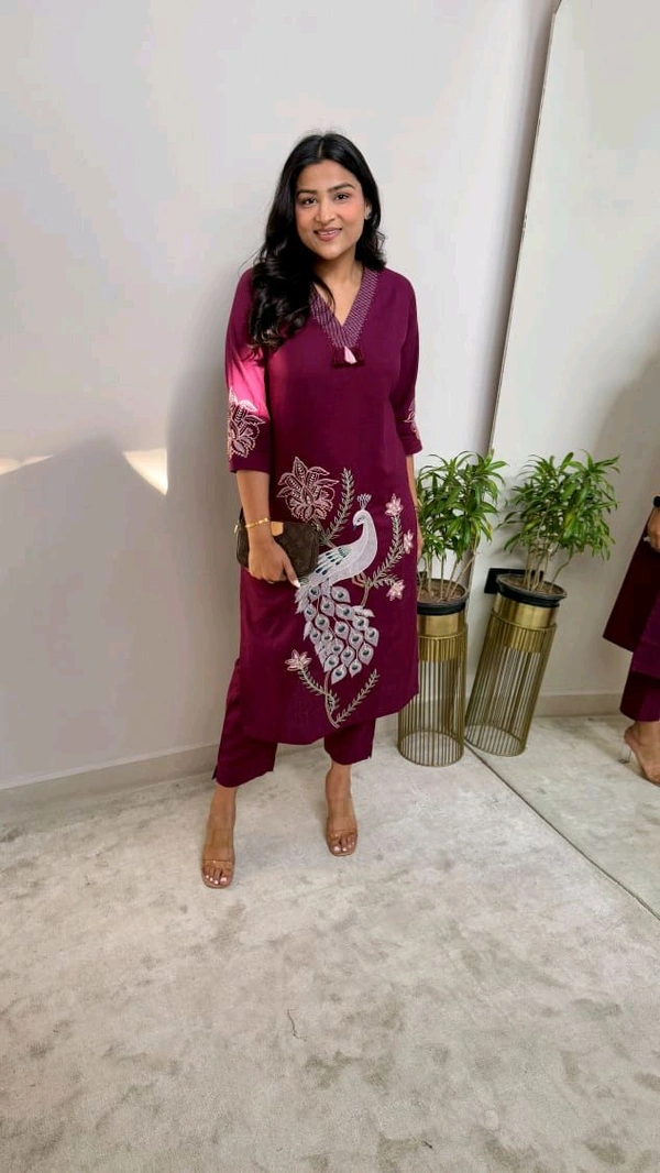 SF5  5622 
Pure Linen Cotton Kurta Pants With Katha Work 
embroidery work*
 - L-40, Purple