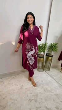 SF5  5622 
Pure Linen Cotton Kurta Pants With Katha Work 
embroidery work*
 - L-40, Purple