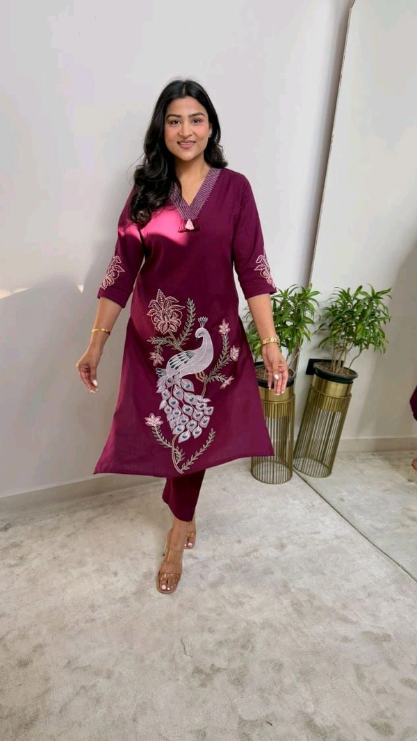SF5  5622 
Pure Linen Cotton Kurta Pants With Katha Work 
embroidery work*
 - L-40, Purple