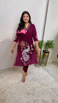 SF5  5622 
Pure Linen Cotton Kurta Pants With Katha Work 
embroidery work*
 - XL-42, Purple