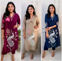SF5  5622 
Pure Linen Cotton Kurta Pants With Katha Work 
embroidery work*
 - XL-42, Purple