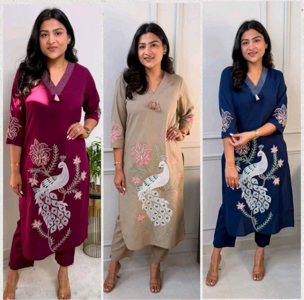 SF5  5622 
Pure Linen Cotton Kurta Pants With Katha Work 
embroidery work*
 - 2XL-44, Blue