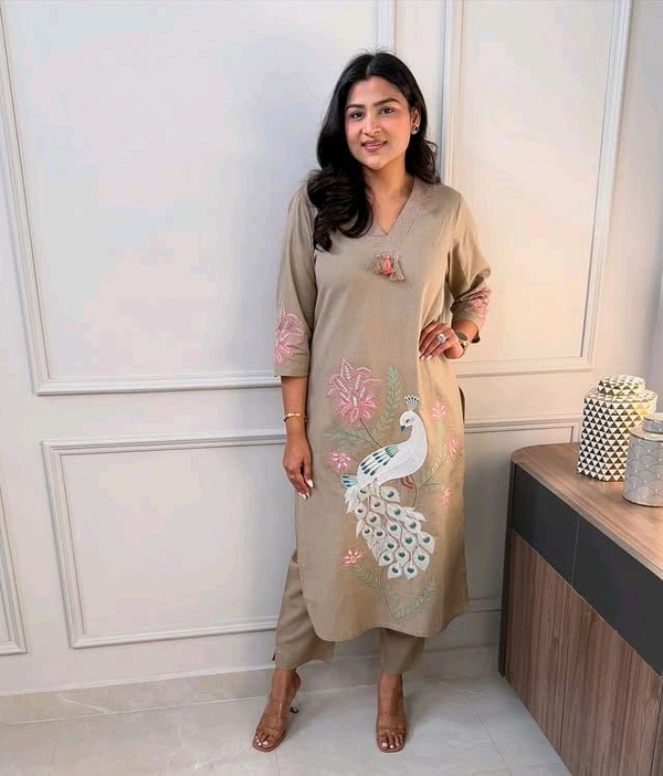 SF5  5622 
Pure Linen Cotton Kurta Pants With Katha Work 
embroidery work*
 - L-40, Brown