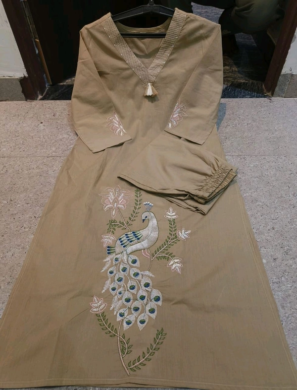 SF5  5622 
Pure Linen Cotton Kurta Pants With Katha Work 
embroidery work*
 - L-40, Brown