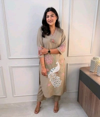 SF5  5622 
Pure Linen Cotton Kurta Pants With Katha Work 
embroidery work*
 - 3XL-46, Brown