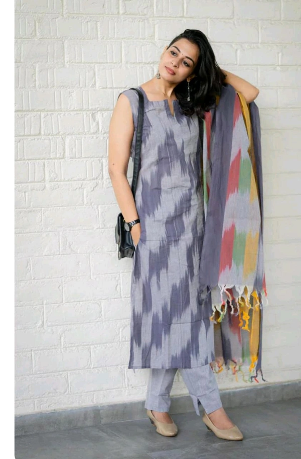 LCJ 5623 Pure fine South cotton Pant Kurta  handloom cotton dupatta - Gray, 2XL-44