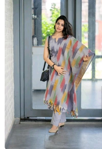 LCJ 5623 Pure fine South cotton Pant Kurta  handloom cotton dupatta - Gray, 2XL-44