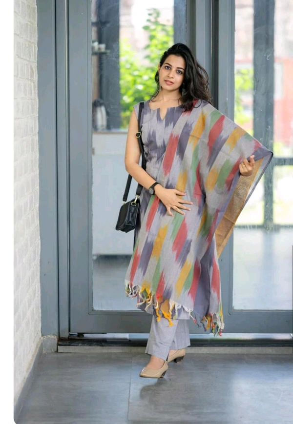 LCJ 5623 Pure fine South cotton Pant Kurta  handloom cotton dupatta - Gray, 2XL-44