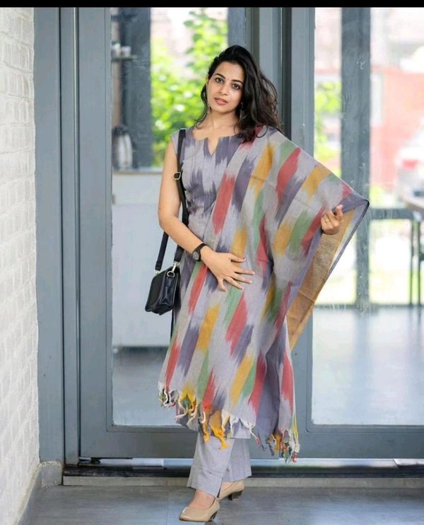 LCJ 5623 Pure fine South cotton Pant Kurta  handloom cotton dupatta - Gray, 2XL-44