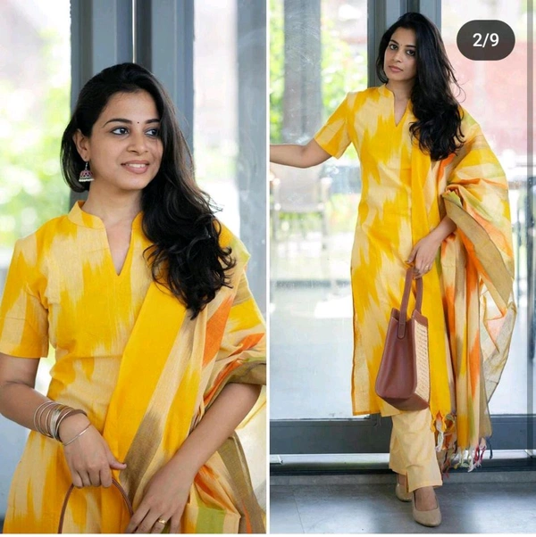 LCJ 5623 Pure fine South cotton Pant Kurta  handloom cotton dupatta - Yellow, 2XL-44