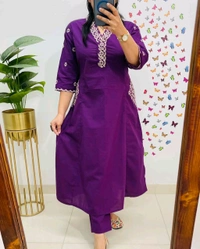 LCJ 5619 Designer Cotton* With Heavy thread Kurta pant Embroidery work side Pockets... - Purple, XL-42