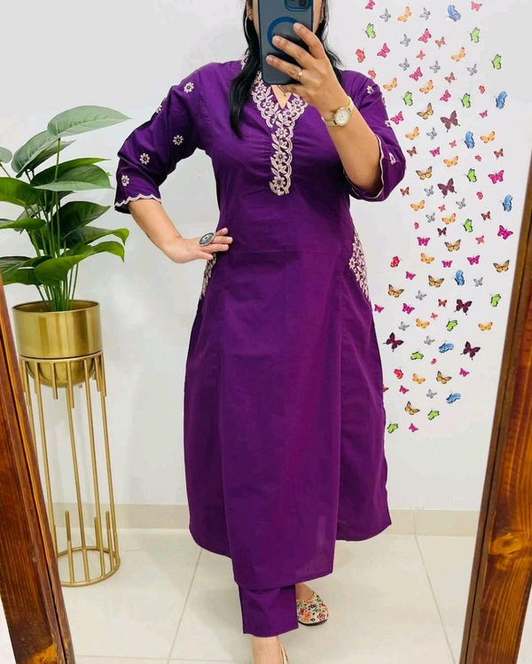 LCJ 5619 Designer Cotton* With Heavy thread Kurta pant Embroidery work side Pockets... - Purple, 2XL-44