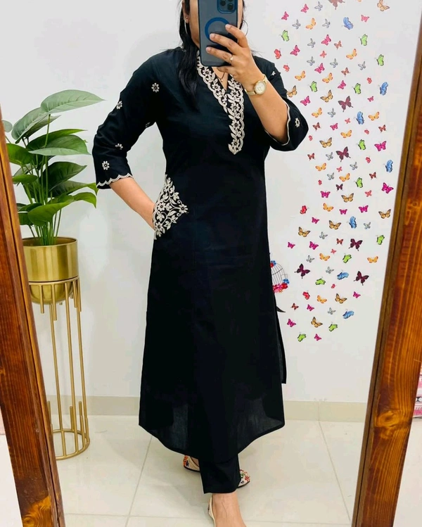 LCJ 5619 Designer Cotton* With Heavy thread Kurta pant Embroidery work side Pockets... - Black, L-40