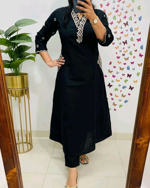 LCJ 5619 Designer Cotton* With Heavy thread Kurta pant Embroidery work side Pockets... - Black, L-40