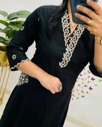 LCJ 5619 Designer Cotton* With Heavy thread Kurta pant Embroidery work side Pockets... - Black, L-40