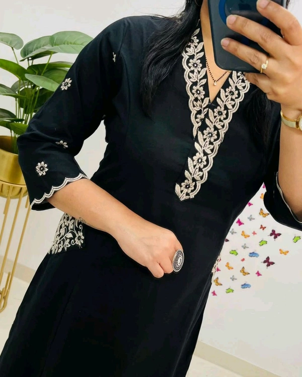 LCJ 5619 Designer Cotton* With Heavy thread Kurta pant Embroidery work side Pockets... - Black, L-40
